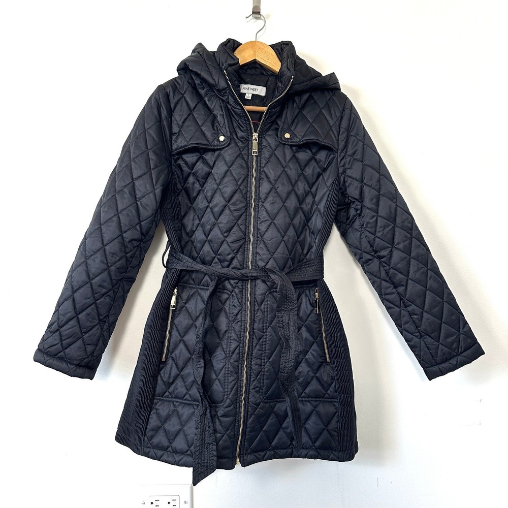 Nine West Black Diamond Quilted Puffer Jacket Belted Hooded Coat Large Chic